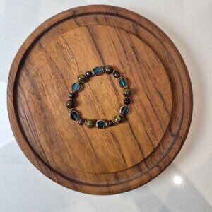 Tiger's Eye Bracelet with Blue and Brown Glass Beads
